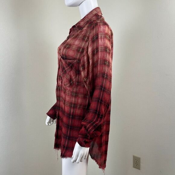 Free People Womens Size XS Red Festival Plaid Distressed Button Up High Low Top - Picture 7 of 14